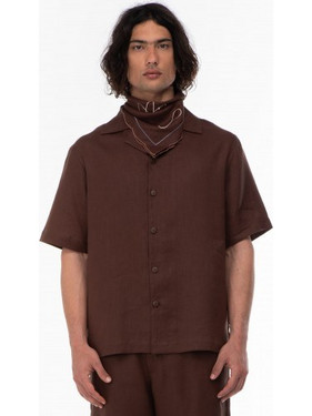 Ne En Aout Camp Collar Ανδρικό Πουκάμισο Λινό Φαρδιά Γραμμή Overshirt Καφέ