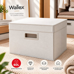 Wallex PureBox 60L - Premium Σκληρό Υφασμάτινο Κουτί Αποθήκευσης με Ενισχυμένη Δομή, Σκληρό Πάτο, Καπάκι & Λαβή | Off White | 50x40x30cm