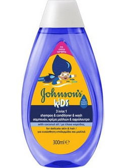 Johnson's Kids 3in1 Παιδικό Σαμπουάν 3σε1 Σαμπουάν, Κρέμα Μαλλιών & Αφρόλουτρο με Έλαιο Καρύδας για Ευαίσθητη Επιδερμίδα & Μαλλιά, 300ml