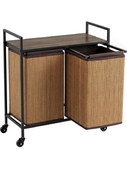 Waschekorb Bambus 2 Facher 120 L Waschesammler mit Regal Ablage, Waschebox Waschesack, Rollbar 73x33x78 cm, Braun