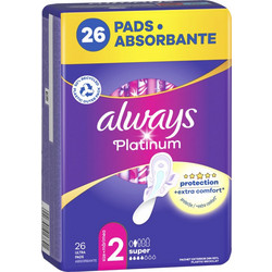 Always Platinum Super Μέγεθος 2 Σερβιέτες με Φτερά για Αυξημένη Ροή 4 Σταγόνες 26τμχ