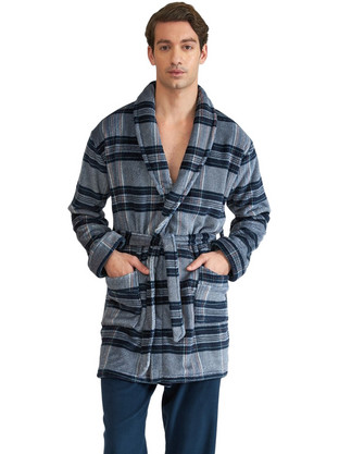 Harmony Χειμωνιάτικη Ανδρική Ρόμπα Fleece Καρό Μπλε 32-805313
