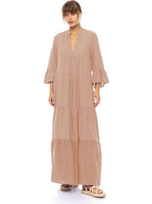 Pink Label Maxi Καλοκαιρινό Καθημερινό Φόρεμα Μεταξωτό Μπεζ BN-285-561123