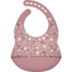 BabyCloud Flowers Αδιάβροχη Σαλιάρα Σιλικόνης με Κουμπί & Τσέπη 4m+ Ροζ