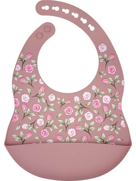 BabyCloud Flowers Αδιάβροχη Σαλιάρα Σιλικόνης με Κουμπί & Τσέπη 4m+ Ροζ