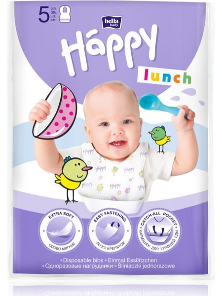 Bella Happy Lunch Σετ Σαλιάρες Πλαστικές με Αυτοκόλλητο & Τσέπη Λευκές 5τμχ