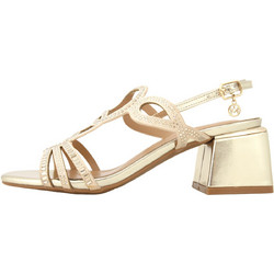 Envie Shoes Γυναικεία Πέδιλα Δερμάτινα Χρυσά με Χοντρό Χαμηλό Τακούνι και Στρας E37-23189-59