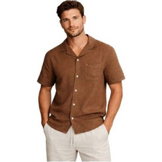 Tommy Jeans Ανδρικό Πουκάμισο Λινό Κοντομάνικο Κανονική Γραμμή Καφέ DM0DM23058-GVM