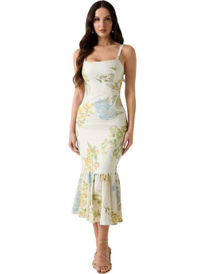 Guess Rory Midi Καλοκαιρινό Φόρεμα για Γάμο / Βάπτιση Floral Εκρού W6GKA6W2409-PMMA