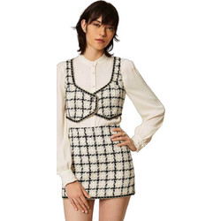 TWINSET Μίνι Φούστα Υφασμάτινη Ψηλόμεση Καρό Εκρού Μαύρη 262TP2751