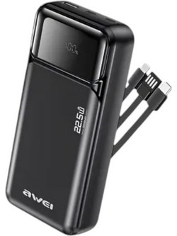 Awei PA-94 Power Bank 10000mAh 22.5W με Ενσωματωμένα Καλώδια USB-C & Lightning Quick Charge 3.0 & Power Delivery Black
