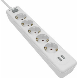 Philips SPN3052W/GRS Πολύπριζο 5 Θέσεων με Διακόπτη, 2 USB και Καλώδιο 1.5m Λευκό 4895229114364