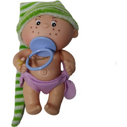 Κουκλάκι μωράκι Mini Gorditos 12εκ με λιλά ένδυμα,πράσινο σκούφο και γαλάζια πιπίλα (170)