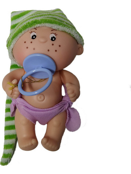 Κουκλάκι μωράκι Mini Gorditos 12εκ με λιλά ένδυμα,πράσινο σκούφο και γαλάζια πιπίλα (170)