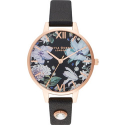 Olivia Burton Bejewelled Florals Γυναικείο Ρολόι με Μαύρο Δερμάτινο Λουράκι OB16BF23