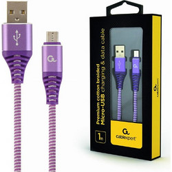 CABLEXPERT PREMIUM COTTON BRAIDED MICRO-USB CHARGING AND DATA CABLE 1M PURPLE/WHITE RETAIL PACK