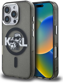 Karl Lagerfeld IML Glitter Karl & Choupette Sketch Logo MagSafe Back Cover Black (iPhone 16 Pro)