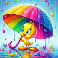 Olympus Diamond Painting Tweety with Colorful umbrella - Ψηφιδωτό Μωσαικό Τουίτι με πολύχρωμη ομπρέλα 50X40