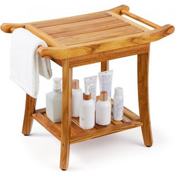 Πάγκος ντους VEVOR Teak, 22 x 14,4 x 18,5 ίντσες, αδιάβροχο ξύλινο σκαμπό ντους με αντιολισθητικά πόδια λαβής ραφιού αποθήκευσης, Μέγιστο φορτίο 300 lbs Κάθισμα καρέκλας ντους, για χρήση σε εσωτερικό