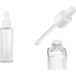 Γυάλινο διάφανο μπουκαλάκι 30 ml με πλαστικό σταγονόμετρο και αποστραγγιστήρα - Λευκό