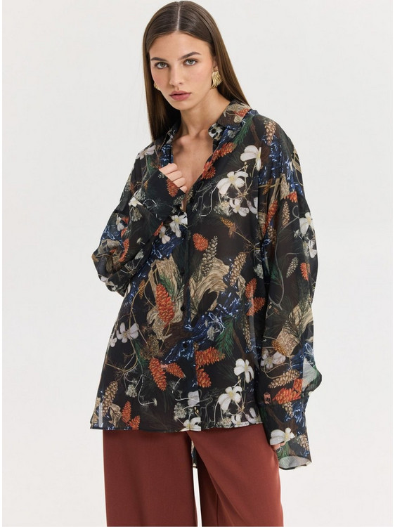 Hemithea Heather Oversized Γυναικείο Πουκάμισο Botanical Print Dark Blue