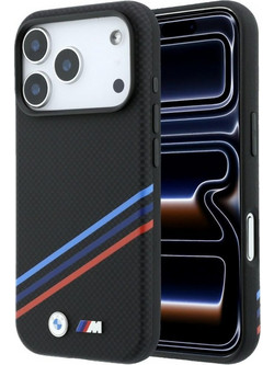 BMW M Quadrille Kevlar Print Tricolor Lines & Metal Logo MagSafe Back Cover Black (iPhone 18 Pro Max / 17 Pro Max)