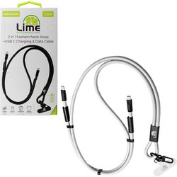LIME SUCCESSORIES LIME 2 IN 1 FASHION NECK STRAP - USB-C TO USB-C 4A ΦΟΡΤΙΣΗΣ-DATA DURABLE BRAIDED 1.5m LSCC01 68W WHITE