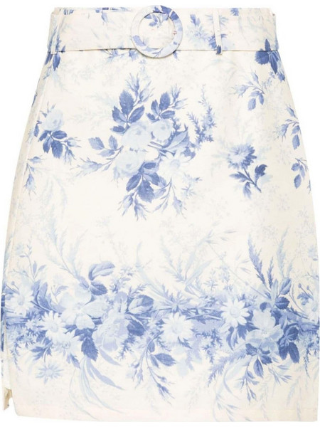 TWINSET Μίνι Φούστα Λινή Ψηλόμεση A-Γραμμή Floral Λευκή Γαλάζια 241TT2425-11679