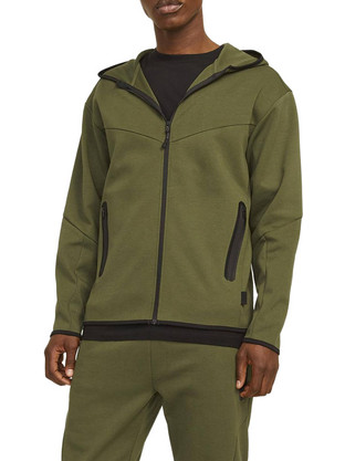 Jack & Jones Ανδρική Ζακέτα Φούτερ με Κουκούλα και Φερμουάρ Χακί 12260150