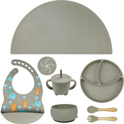 QueenMother Βρεφικό Σετ Φαγητού Σιλικόνης & Bamboo Elephants & Lions Khaki 8τμχ