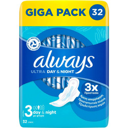 Always Ultra Day & Night Μέγεθος 3 Σερβιέτες με Φτερά για Αυξημένη Ροή 32τμχ
