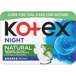 Kotex Natural Night Σερβιέτες με Φτερά για Αυξημένη Ροή 6 Σταγόνες από Βαμβάκι 6τμχ