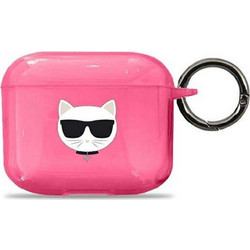 Karl Lagerfeld Choupette Head Θήκη Σιλικόνης με Γάντζο για Apple AirPods 3 Ροζ Φούξια