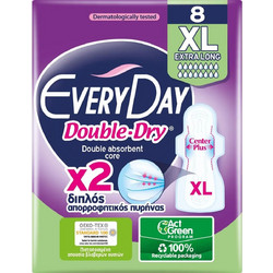EveryDay Double Dry Extra Long Σερβιέτες με Φτερά για Αυξημένη Ροή 16 Σταγόνες 8τμχ