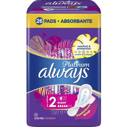 Always Platinum Super Μέγεθος 2 Σερβιέτες με Φτερά για Αυξημένη Ροή 5 Σταγόνες 26τμχ