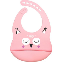 BabyCloud Owl Αδιάβροχη Σαλιάρα Σιλικόνης με Κουμπί & Τσέπη 4m+ Ροζ
