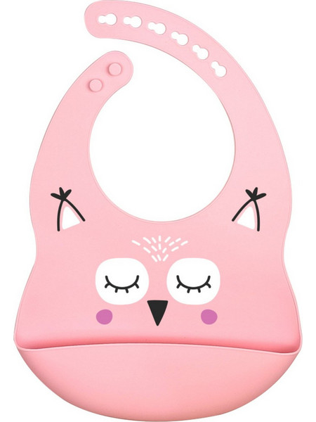 BabyCloud Owl Αδιάβροχη Σαλιάρα Σιλικόνης με Κουμπί & Τσέπη 4m+ Ροζ
