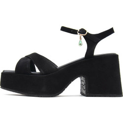 Komis & Komis Γυναικεία Πέδιλα Suede Μαύρα με Χοντρό Χαμηλό Τακούνι και Φιάπα E803