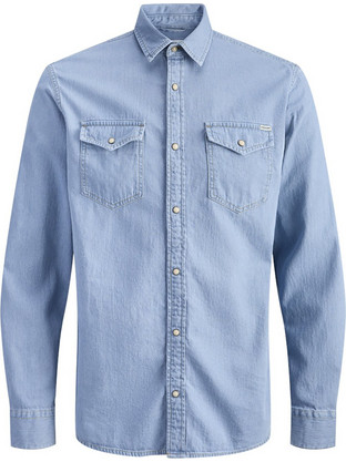 Jack & Jones Ανδρικό Πουκάμισο Τζιν Μακρυμάνικο Slim Fit Γαλάζιο 12138115