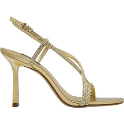 Nine West VALLANH2 Γυναικεία Πέδιλα Δερμάτινα Χρυσά με Λεπτό Ψηλό Τακούνι και Στρας 71-710