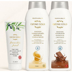 Ozone Gold Sweet Chocolate Shower Gel 500ml + Vanilla & Caramel Shower Gel 500ml + Oil Hand Cream 75ml