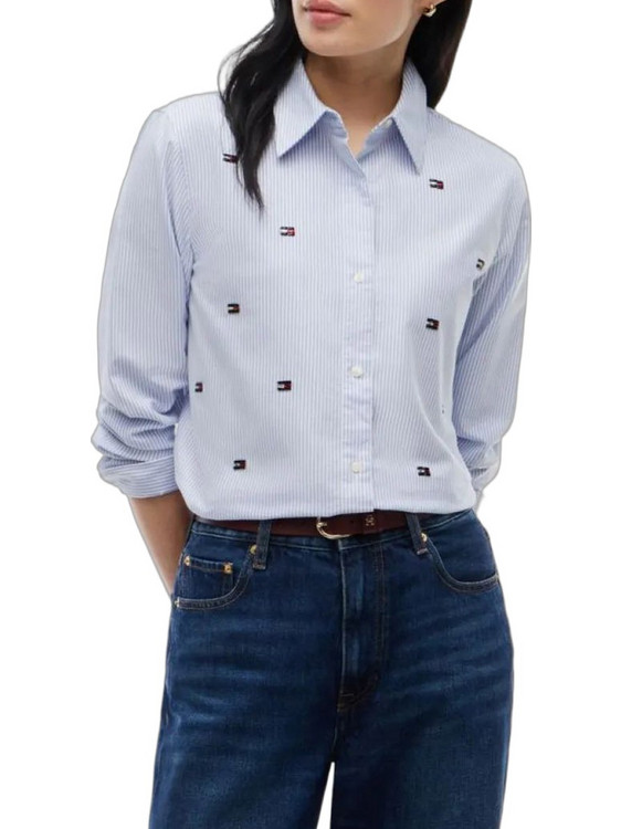 Tommy Hilfiger Μακρυμάνικο Γυναικείο Πουκάμισο Βαμβακερό Ριγέ Γαλάζιο WW0WW52420-0A9