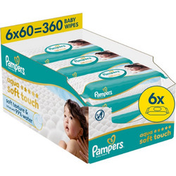 Pampers Aqua Soft Touch Μωρομάντηλα με Νερό Χωρίς Οινόπνευμα Άρωμα & Parabens 6x60τμχ