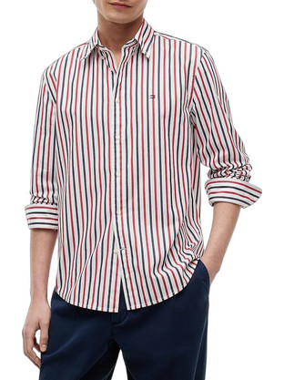 Tommy Hilfiger Ανδρικό Πουκάμισο Βαμβακερό Ριγέ Μακρυμάνικο Κανονική Γραμμή Κόκκινο Μπλε MW0MW43315-0EV