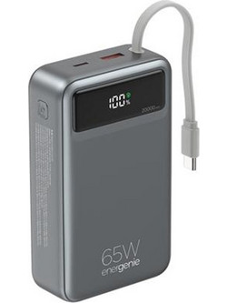 Energenie PB20-PD65-LCD-01 Power Bank 20000mAh 65W με Ενσωματωμένο Καλώδιο USB-C Quick Charge 3.0 & Power Delivery Grey