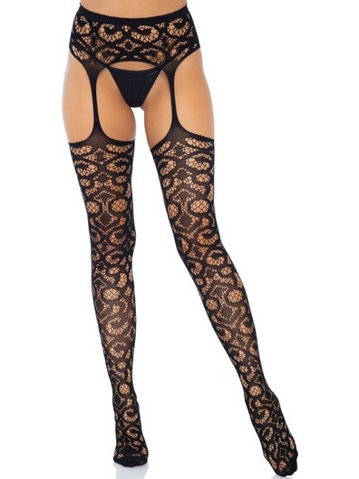 LEG AVENUE SCROLL LACE GARTER BELT STOCKINGS BLACK