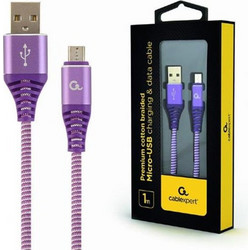 CABLEXPERT PREMIUM COTTON BRAIDED MICRO-USB CHARGING AND DATA CABLE 1M PURPLE-WHITE RETAIL PACK