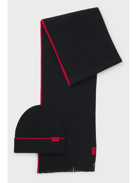 HUGO MEN LOGO-LABEL HAT AND SCARF SET WITH WOOL BLACK