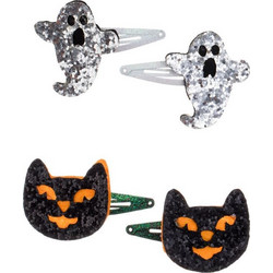 Halloween Κλιπ Μαλλιών Λευκό Πράσινο Glitter Ασημί Φάντασμα Μαύρη Γάτα 5.5x4cm - 4 τμχ