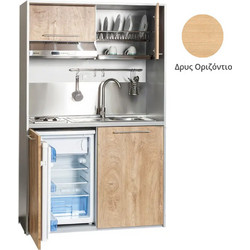 Πολυκουζίνα mini kitchen 125cm απόχρωση δρυς με δεξιά γούρνα και πορτάκια για ξενώνες, γραφεία & φοιτητικά studio - ΚΣ125-ΠΟΡΤΑΚΙΑ-ΔΡΥΣ-ΟΡΙΖΟΝΤΙΟ